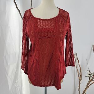 Lucky brand brick red boho top with semi sheer panels